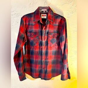 Wrangler shirt awesome plaid SP western shirt, great colors, EUC, quality, flex